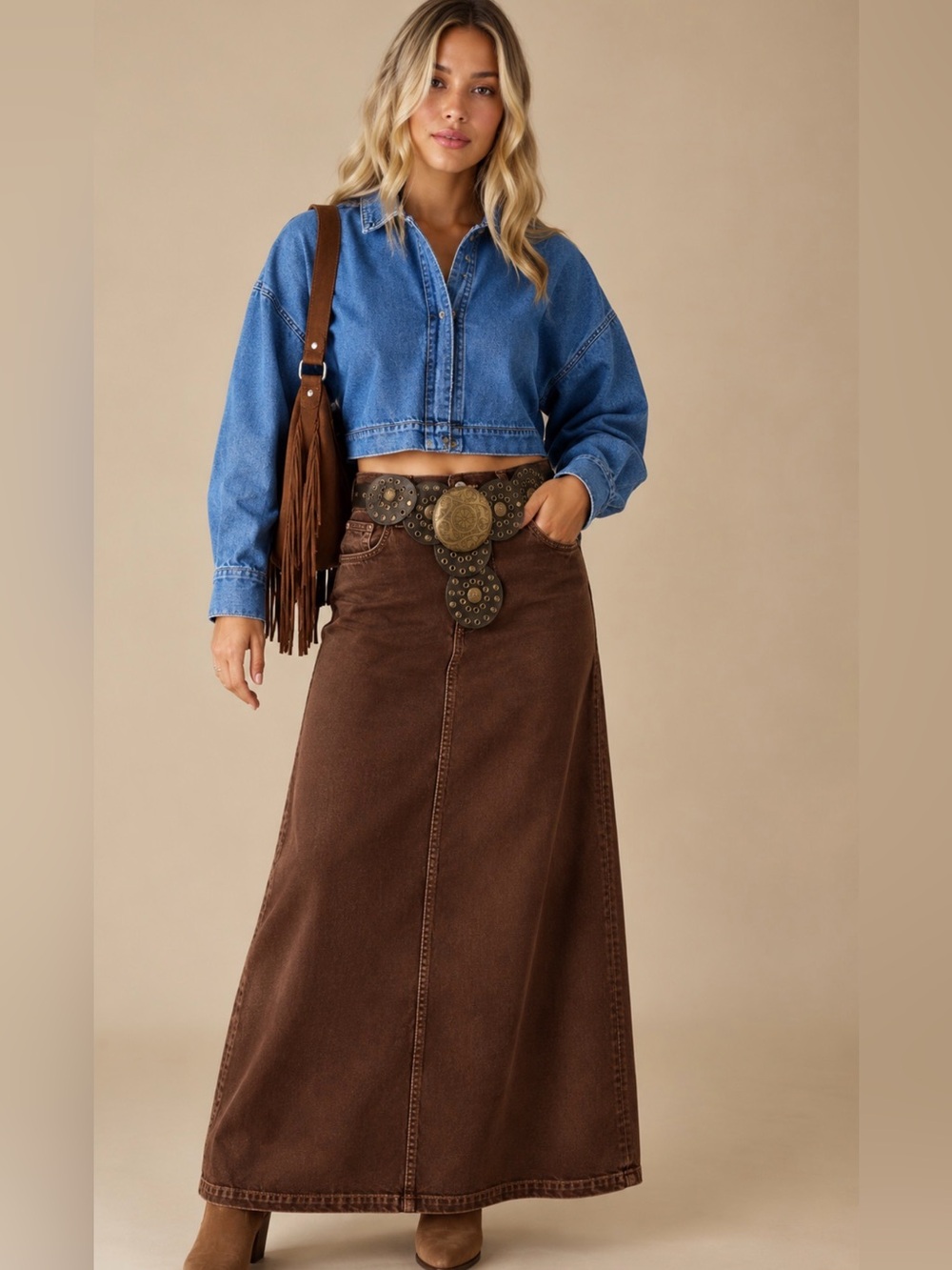 Zara Chocolate Brown Denim Maxi Skirt